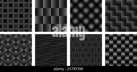 Seamless halftone geometric pattern. Dotted texture, abstract circle shapes and elegant black and white patterns vector set. Seamless halftone geometric pattern. Dotted texture, abstract circle shapes and elegant circles patterns vector set Stock Vector