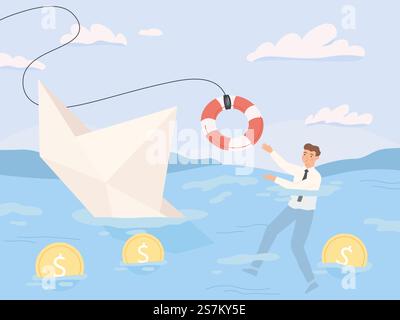 Bankruptcy business. Financial rescue, sinking business in crisis and economic risks. Economy recession loan payback problems vector illustration. Crisis and bankruptcy, financial help and rescue. Bankruptcy business. Financial rescue, sinking business in crisis and economic risks. Economy recession or debt loan payback problems vector illustration Stock Vector