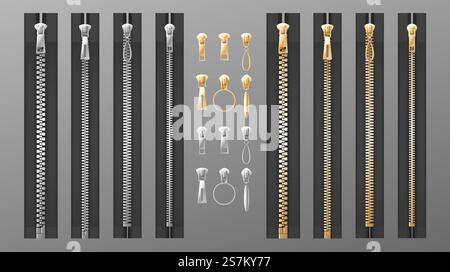 Zippers set. Realistic isolated silver and golden slide fastener elements on transparent background. Open and closed pullers for clothing and buckle. 3d vector illustration. Zippers set. Realistic isolated silver and golden slide fastener elements on transparent background Stock Vector