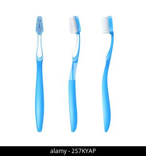 Realistic toothbrush from different sides isolated on white background, 3d tooth brush set. Dental tool for oral hygiene. Vector illustration. Realistic toothbrush from different sides isolated on white background, 3d tooth brush Stock Vector