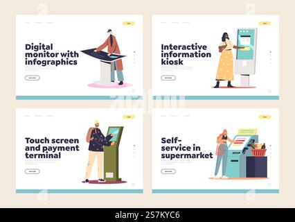 Self service information kiosks, digital cashier terminals and signage for contactless payment online set of landing pages with customers use modern toauchscreen panels. Flat vector illustration. Self service information kiosks, digital terminals and signage for contactless payment landing pages Stock Vector