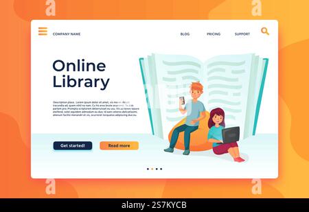 Online library or web archive. Digital education, ebook reading, studying in internet. Boy reading in mobile phone, woman using laptop next to big open textbook landing page vector illustration. Online library or web archive. Digital education, ebook reading, studying in internet. Boy reading in mobile phone Stock Vector