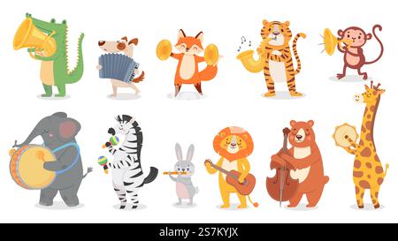 Animals play music. Cute animal playing music instruments, monkey plays trumpet and crocodile with saxophone vector illustration set. Cartoon animal play music, design drum instrument. Animals play music. Cute animal playing music instruments, monkey plays trumpet and crocodile with saxophone vector illustration set Stock Vector