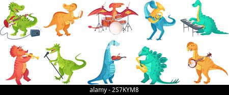 Dinosaur play music. Tyrannosaurus rockstar play guitar, dino drummer and cartoon dinosaurs musicians vector illustration set. Dinosaur tyrannosaurus musician, character with guitar. Dinosaur play music. Tyrannosaurus rockstar play guitar, dino drummer and cartoon dinosaurs musicians vector illustration set Stock Vector
