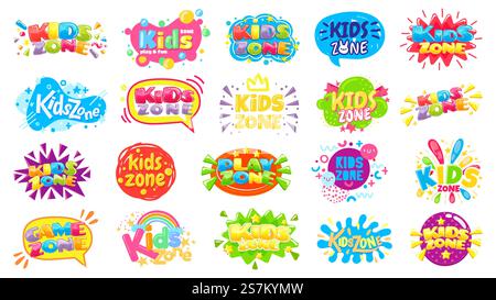 Kids zone badges. Kid play room label, colorful game area banner and funny badge vector set. Play zone area for child, children room emblem illustration. Kids zone badges. Kid play room label, colorful game area banner and funny badge vector set Stock Vector