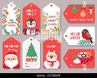 Christmas tag. Winter holiday xmas gift labels with cute characters santa, bear and bullfinch, penguin and festive lettering vector set. Fir tree with present boxes, cocoa with marshmallow. Christmas tag. Winter holiday xmas gift labels with cute characters santa, bear and bullfinch, penguin and festive lettering vector set Stock Vector