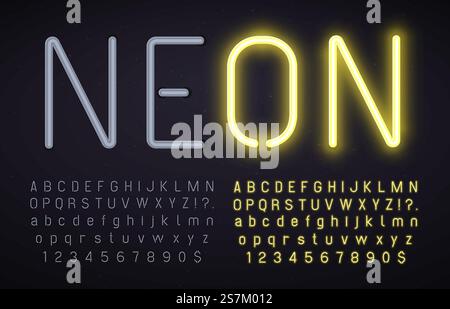 Neon font with light on and off. Glowing alphabet, numbers and punctuation marks with luminous effect. Yellow on and off lamps. Latin letters isolated on black background vector illustration. Neon font with light on and off. Alphabet, numbers and punctuation marks with luminous effect. Yellow lamps Stock Vector