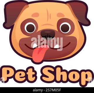 Pet shop logo design with pug face. Dog store selling goods and accessories for domestic animals. Cute puppy head with tongue with lettering isolated on white background vector illustration. Pet shop logo design with pug face. Dog store selling goods and accessories for domestic animals, puppy head Stock Vector