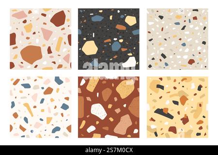 Terrazzo seamless pattern. Veneziano italian stone mosaic composite texture, decorative tile. Granite flooring textured sample, vector set. Colorful chaotic elements and pieces collection. Terrazzo seamless pattern. Veneziano italian stone mosaic composite texture, decorative tile. Granite flooring textured sample, vector set Stock Vector