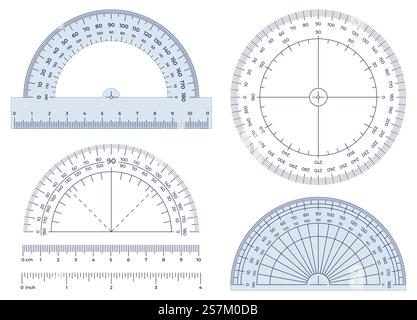 Protractor. Angles measuring tool, round 360 protractors scale and 180 degrees measure vector illustration set. Equipment protractor to angle measure, drafting chart. Protractor. Angles measuring tool, round 360 protractors scale and 180 degrees measure vector illustration set Stock Vector