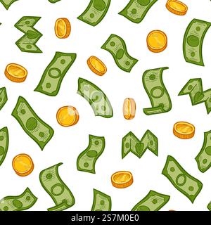 Money rain pattern. Green dollar banknotes and gold coins falling down. Financial crisis, recession business seamless vector texture. Money finance cash rain pattern, dollar and coins illustration. Money rain pattern. Green dollar banknotes and gold coins falling down. Financial crisis, recession business concept seamless vector texture Stock Vector
