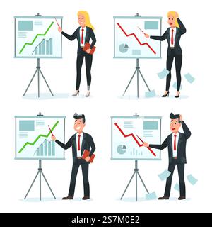 Businessman and businesswoman making presentation. Vector businessperson presentation, business woman make report with chart and graphic illustration. Businessman and businesswoman making presentation chart graphic Stock Vector