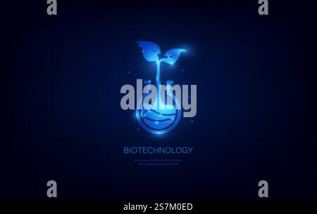 Biotechnology concept Futuristic science background with Laboratory flask with plant logotype Stock Vector