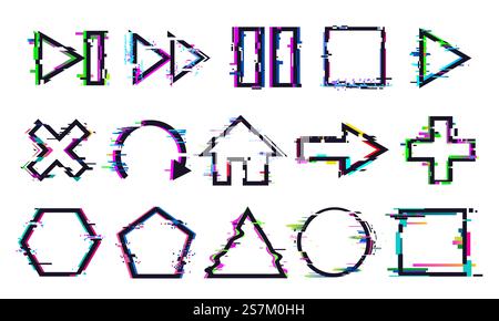 Glitch buttons. Music and game control icons with distorted effect. Play, stop or pause and rewind, refresh symbols with digital noise. Geometric shapes frames or borders vector illustration. Glitch buttons. Music and game control icons with distorted effect. Play, stop or pause and rewind, refresh Stock Vector