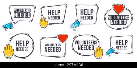 Volunteers needed banner. Help needed label with heart, helping hand and advertising horn loudspeaker icon. Volunteer search speech bubble banner frame vector set. Charity work service symbol. Volunteers needed banner. Help needed label with heart, helping hand and advertising horn loudspeaker icon. Volunteer search speech bubble banner frame vector set Stock Vector