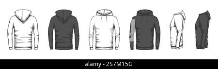 Hoodie mockup. Trendy casual clothes unisex sport merchandise, blank front back side sweatshirt hooded oversized style flat vector set. Black and white sportswear or tracksuit for training. Hoodie mockup. Trendy casual clothes unisex sport merchandise, blank front back side sweatshirt hooded oversized style flat vector set Stock Vector