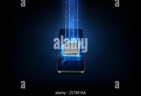 Futuristic microchip processor with backlight on the phone in blue. Quantum phone, big data processing, database concept. vector illustration. Stock Vector