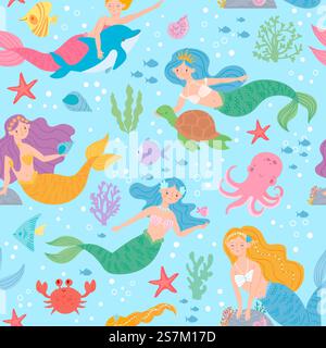 Mermaid seamless pattern. Fairytale princesses and sea creatures underwater world design for wallpaper, fabric print fashion vector texture. Marine life with turtle, octopus, crab and starfish. Mermaid seamless pattern. Fairytale princesses and sea creatures underwater world design for wallpaper, fabric print fashion vector texture Stock Vector