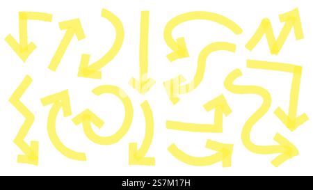Hand drawn yellow highlighter arrows, pointers in different directions. Curly and wavy arrowheads going up, down, left and right. Doodle marker pen lines in arch form vector illustration. Hand drawn yellow highlighter arrows, pointers in different directions. Curly and wavy arrowheads and lines Stock Vector