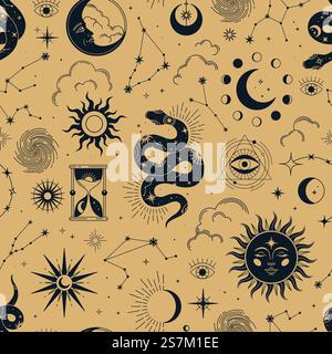 Vector magic seamless pattern with constellations, snakes, sun, moon, magic eyes, clouds and stars. Mystical esoteric background for design of fabric, packaging, astrology, phone case, yoga mat, notebook covers, wrapping paper. Stock Vector