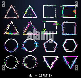 Glitch white frames. Distorted circle, square and triangle and polygonal shapes. Tv distortion abstract geometry figures with digital noise defect. Crash logo icon vector illustration. Glitch white frames. Distorted circle, square and triangle and polygonal shapes. Tv distortion geometry figure Stock Vector