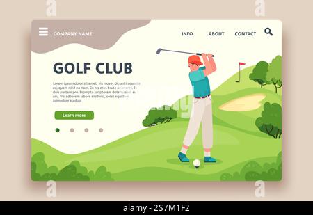 Golf club web site. Sports club with green play field, holes with flagsticks, sand traps, golf cart, golfing school landing vector page. Man player with equipment as stick and ball. Golf club web site. Sports club with green play field, holes with flagsticks, sand traps, golf cart, golfing school landing vector page Stock Vector