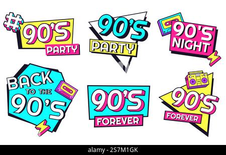 Back to 90s. Memphis style labels for invitation cards for party with geometric shapes as triangle, rectangle and cassette and record player, forever 90s isolated set vector illustration. Back to 90s. Memphis style elements for invitation cards for party with geometric shapes, forever 90s Stock Vector