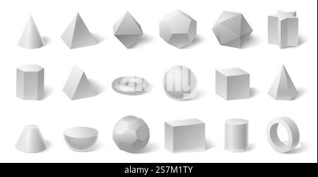 White geometric 3d shapes. Geometry form for education. Hexagonal and triangular prism, cylinder and cone, sphere and pyramid isolated on white, solid bodies set vector illustration. White geometric 3d shapes. Geometry form for education. Hexagonal and triangular prism, cylinder and cone Stock Vector