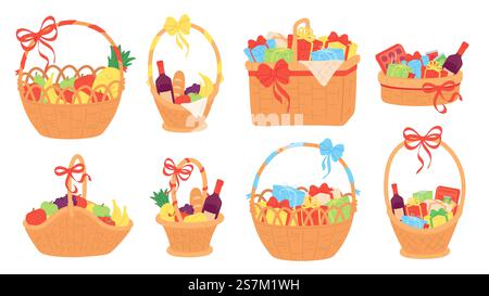 Gift basket. Wicker baskets with present boxes for christmas, food, fruit, chocolate and vine bottle. Flat hamper with bow ribbon vector set. Illustration gift present with chocolate and fruits, gifts. Gift basket. Wicker baskets with present boxes for christmas, food, fruit, chocolate and vine bottle. Flat hamper with bow ribbon vector set Stock Vector