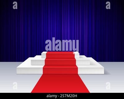 Red carpet to podium. Realistic empty pedestal for award ceremony with illumination, platform for show, cinema presentation vector concept. Dark curtains on background, night event. Red carpet to podium. Realistic empty pedestal for award ceremony with illumination, platform for show, cinema presentation vector concept Stock Vector
