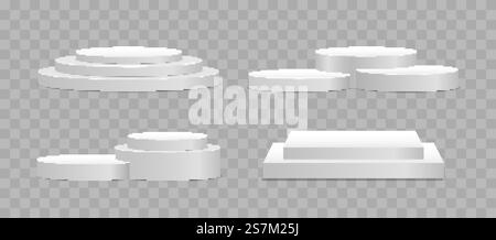 Round and square empty stages and podium stairs vector 3d template. White 3d podium mockup in different shapes. Pedestal and platform, stand stage, cylinder. Template for promotional items.. Podium, pedestal, stages. Stock Vector