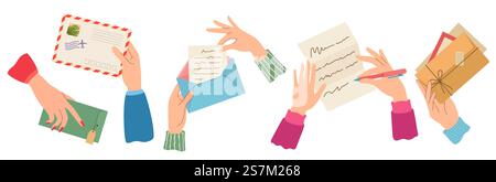 Hands sending letter. Female hand holding envelopes with stamps, write and read paper letters. Trendy post cards, mail delivery vector set. Envelope mail correspondence in hands illustration. Hands sending letter. Female hand holding envelopes with stamps, write and read paper letters. Trendy post cards, mail delivery vector set Stock Vector