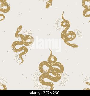 Vector magic seamless pattern with snake with signs sun, moon, magic eyes, constellations and stars. Mystical esoteric background for design of fabric, packaging, astrology, phone case, yoga mat, notebook covers, wrapping paper. Stock Vector