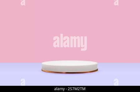 Realistic 3d white pedestal with gold ring over pink background. Trendy empty podium display for cosmetic product presentation, fashion magazine. Copy space vector illustration EPS10. Realistic 3d white pedestal with gold ring over pink background. Trendy empty podium display for cosmetic product presentation, fashion magazine. Copy space vector illustration Stock Vector