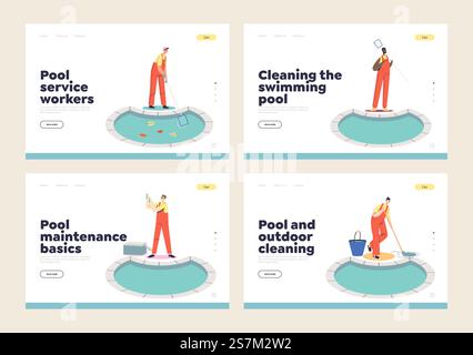 Set of landing pages with swimming pool cleaning, maintenance and repair service workers. Clean team with net, vacuum cleaner, mop and skimmer. Cartoon flat vector illustration. Set of landing pages with swimming pool cleaning, maintenance and repair service workers Stock Vector