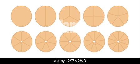 Wheel diagram divided from 1 to 10 parts, Circular diagram infographic circle divided into pizza or pie segments, Vector flat icons. Stock Vector