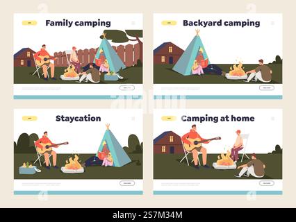Family camping on backyard concept of set of landing pages with parents and kids at campfire outside house together sitting in tent and singing at guitar. Cartoon flat vector illustration. Family camping on backyard concept of set of landing pages with parents and kids at campfire Stock Vector