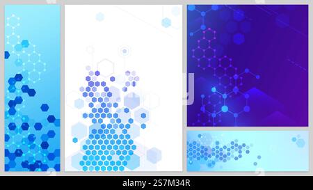 Molecular structure banners set. Connecting lines and dots, hexagons abstract tech background. Science network, medical design for website. Futuristic geometric molecular cells vector illustration. Molecular structure banners set. Connecting lines and dots, hexagons abstract tech background. Science network Stock Vector