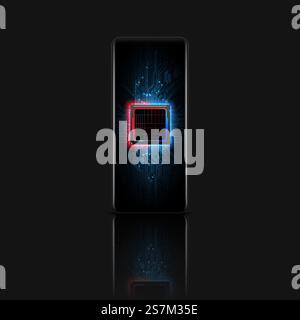Futuristic microchip processor on the phone. Quantum phone, big data processing, database concept. Stock Vector