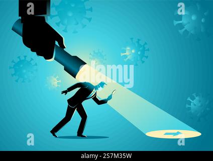 Business concept vector illustration of a businessman being guided by a hand holding a flashlight uncovering arrow sign during pandemic Stock Vector