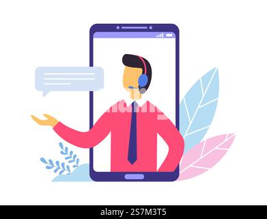 Customer support. Person advisor and helpful advice services. Man providing personal assistance to clients from smartphone screen. Operator in headphones with bubble speech vector illustration. Customer support. Person advisor and helpful advice services. Man providing personal assistance to clients Stock Vector