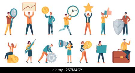 Tiny business people. Employee women and men with big money, light bulb, star, gear and magnifier. Office small work characters vector set. Illustration people success with money and star. Tiny business people. Employee women and men with big money, light bulb, star, gear and magnifier. Office small work characters vector set Stock Vector