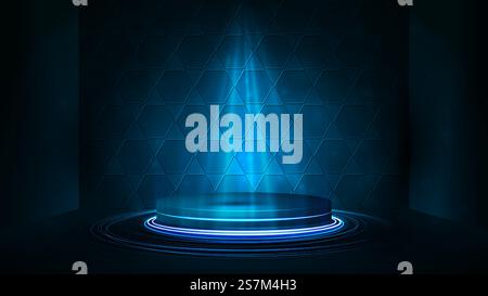 Empty blue podium with lighting of spotlights and honeycomb on background. Blue digital scene for product presentation Stock Vector
