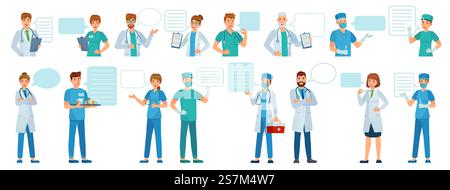 Doctor opinion. Physician consultation. Doctors with clipboard, empty speech bubble for diagnosis, medical opinion health service vector set. Medical practitioners with equipment as stethoscope, kit. Doctor opinion. Physician consultation. Doctors with clipboard, empty speech bubble for diagnosis, medical opinion health service vector set Stock Vector