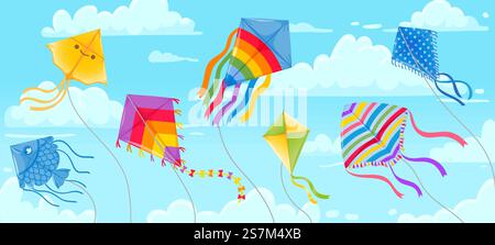 Kites in sky. Summer blue skies and clouds with kite on string flying in wind. Kites festival banner. Outdoor fun hobby vector background. Illustration kite in air sky, different outdoor toys. Kites in sky. Summer blue skies and clouds with kite on string flying in wind. Kites festival banner. Outdoor fun hobby vector background Stock Vector
