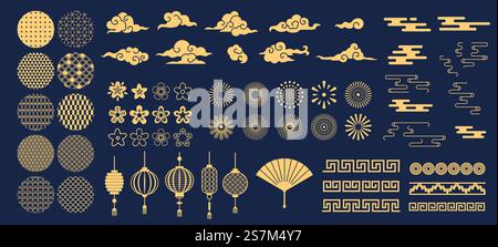 Chinese elements. Asian new year gold decorative patterns and lanterns, flowers, clouds and ornaments traditional oriental style vector set. Asian chinese oriental elements to holiday illustration. Chinese elements. Asian new year gold decorative patterns and lanterns, flowers, clouds and ornaments traditional oriental style vector set Stock Vector