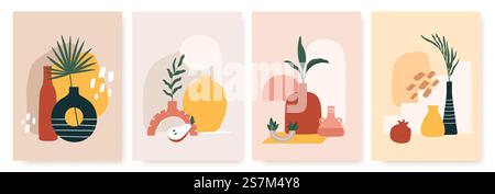 Abstract posters with vases. Trendy still life collage with pot, fruit, vase and tropical palm leaf. Hand drawn minimalist shape vector set. Illustration pot with flower image for interior decorative. Abstract posters with vases. Trendy still life collage with pot, fruit, vase and tropical palm leaf. Hand drawn minimalist shape vector set Stock Vector