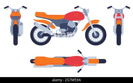 Motorcycle in different positions. Motorbike top, front back and side view, detailed motocross vehicles transport mockup vector set. Motorcycle and bike, motorbike transport illustration. Motorcycle in different positions. Motorbike top, front back and side view, detailed motocross vehicles transport mockup vector set Stock Vector