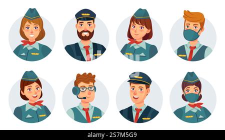 Air crew avatars. Airline pilot, ship captain, stewardess, flying attendant and flight engineer round icon. Airport staff in mask vector set. Smiling woman and man in uniform, flying service. Air crew avatars. Airline pilot, ship captain, stewardess, flying attendant and flight engineer round icon. Airport staff in mask vector set Stock Vector