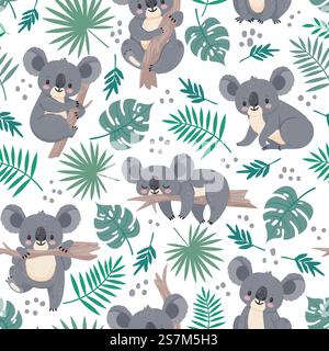 Seamless pattern with koalas. Cute australian bears and tropical leaves. Cartoon baby koala design. Vector nature background for kids. Illustration koala australia wallpaper, leaf and animal wrapping. Seamless pattern with koalas. Cute australian bears and tropical leaves. Cartoon baby koala design. Vector nature background for kids Stock Vector